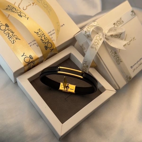 تصویر دوم دستبند طلا چرم مردانه خطی باریک L118